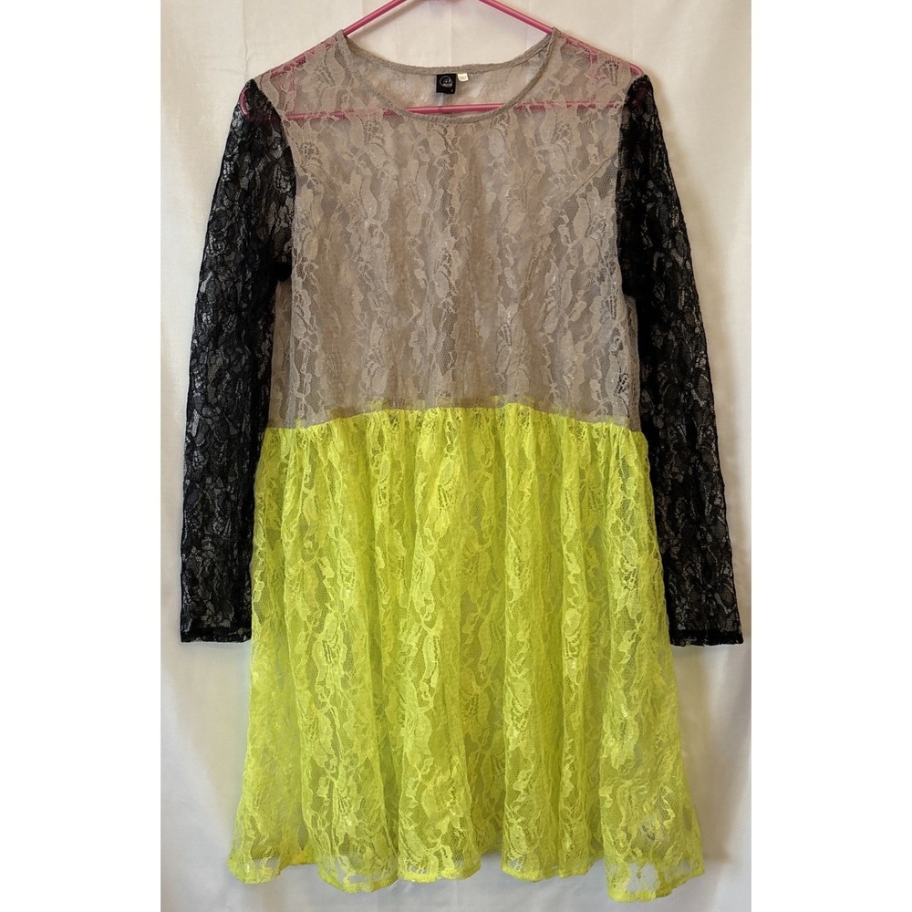 Cheap Monday Color Block Lace‎ Dress Lime Green Black GrayKnee Length Party S